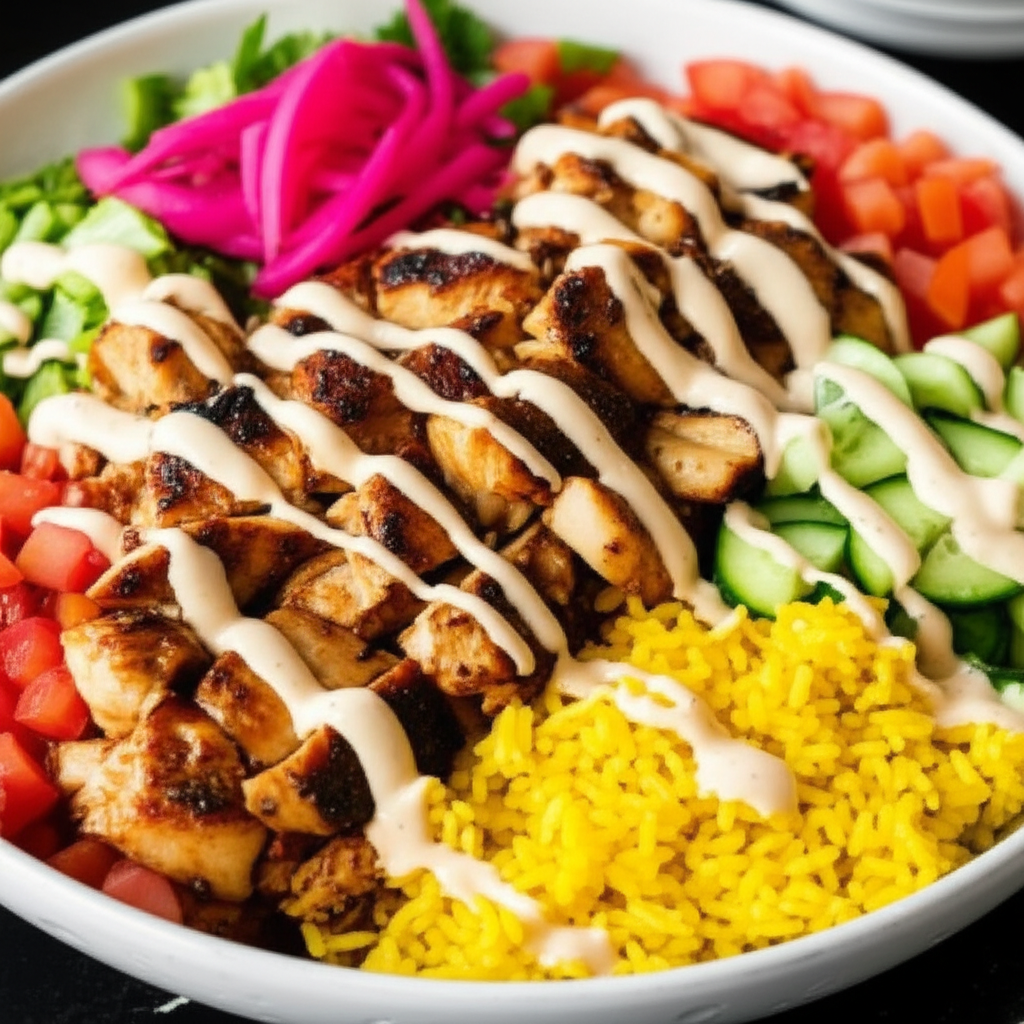 A close-up shot of a vibrant Halal chicken shawarma bowl,  showing the glistening chicken, fluffy rice, colorful chopped vegetables (like tomatoes, cucumbers, and perhaps some pickled onions), and a drizzle of tahini sauce, all artfully arranged in a shallow bowl.  The bowl should be slightly angled to showcase the ingredients.