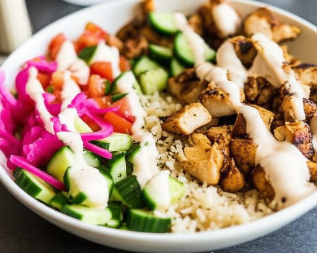 A close-up shot of a vibrant Halal chicken shawarma bowl, showcasing the tender chicken, fluffy rice, colorful vegetables (like chopped cucumber, tomatoes, and perhaps some pickled onions), and a drizzle of tahini sauce.  The bowl should be partially eaten, suggesting deliciousness and ease of consumption.  The background should be blurred and out of focus to draw attention to the bowl.