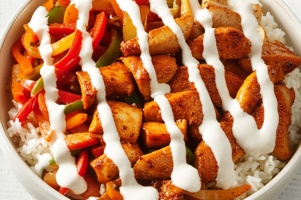A close-up shot of a vibrant Halal chicken shawarma bowl, showcasing the glistening chicken, colorful vegetables (like bell peppers and onions), fluffy rice, and a creamy tahini dressing drizzled artfully over the top.  The bowl should be slightly angled to emphasize the textures and ingredients.