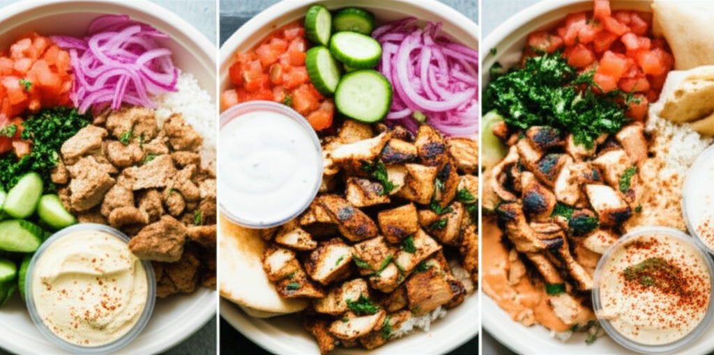 A close-up shot of three different variations of the Halal chicken shawarma bowl, each clearly distinct in its toppings and sides.  One bowl could showcase a vibrant, colorful presentation with lots of fresh vegetables; another could be more minimalist with just the chicken and rice; and the third could include different sauces or a side of something like hummus or pita bread.