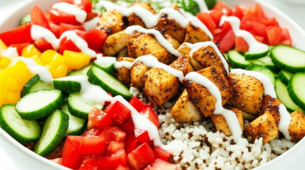 A close-up shot of a vibrant Halal chicken shawarma bowl, showcasing the glistening chicken, colorful vegetables (e.g., bell peppers, cucumbers, tomatoes), fluffy rice or quinoa, and a creamy yogurt or tahini sauce drizzled artistically over the top.  The bowl should be slightly angled to show the layers and textures within.