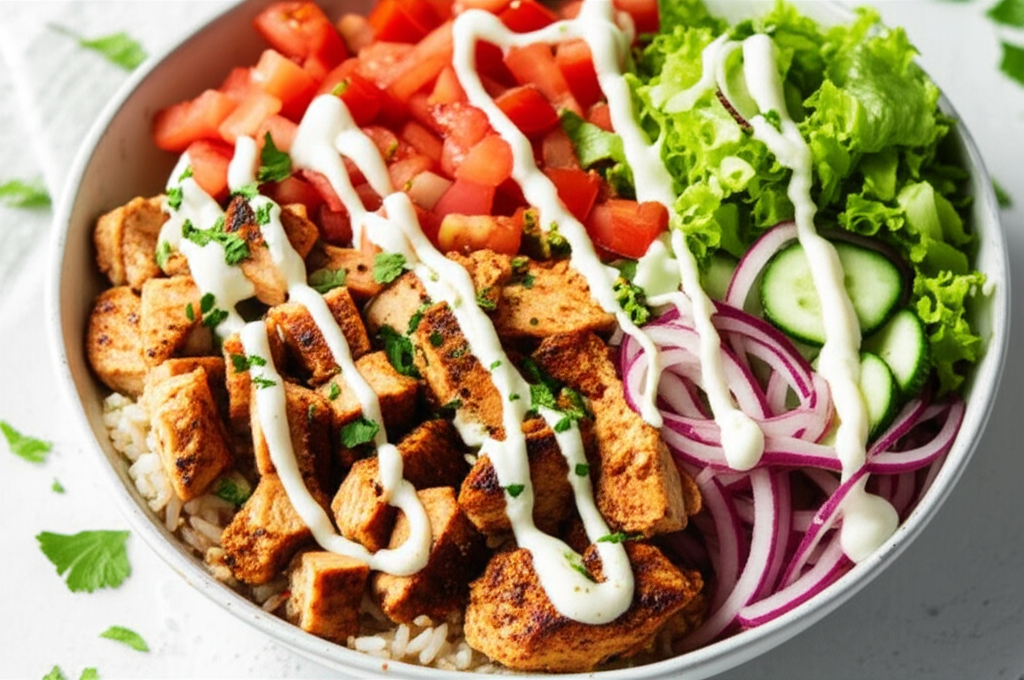 A close-up shot of a vibrant Halal chicken shawarma bowl, showcasing the perfectly marinated and cooked chicken, fluffy rice, crisp lettuce, colorful chopped vegetables (like tomatoes, cucumbers, and red onions), a creamy tahini dressing drizzled artfully over the top, and perhaps a sprinkle of fresh herbs.  The bowl itself should be visually appealing and the lighting should make the food look delicious.
