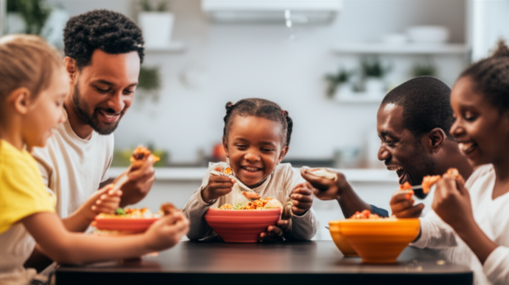 A family (parents and at least one child) sitting around a low table, happily eating from brightly-lit Halal chicken shawarma bowls.  The background is intentionally blurred, showing a minimally cluttered kitchen.  The focus is on the family's enjoyment of the meal and the clean, uncluttered space.