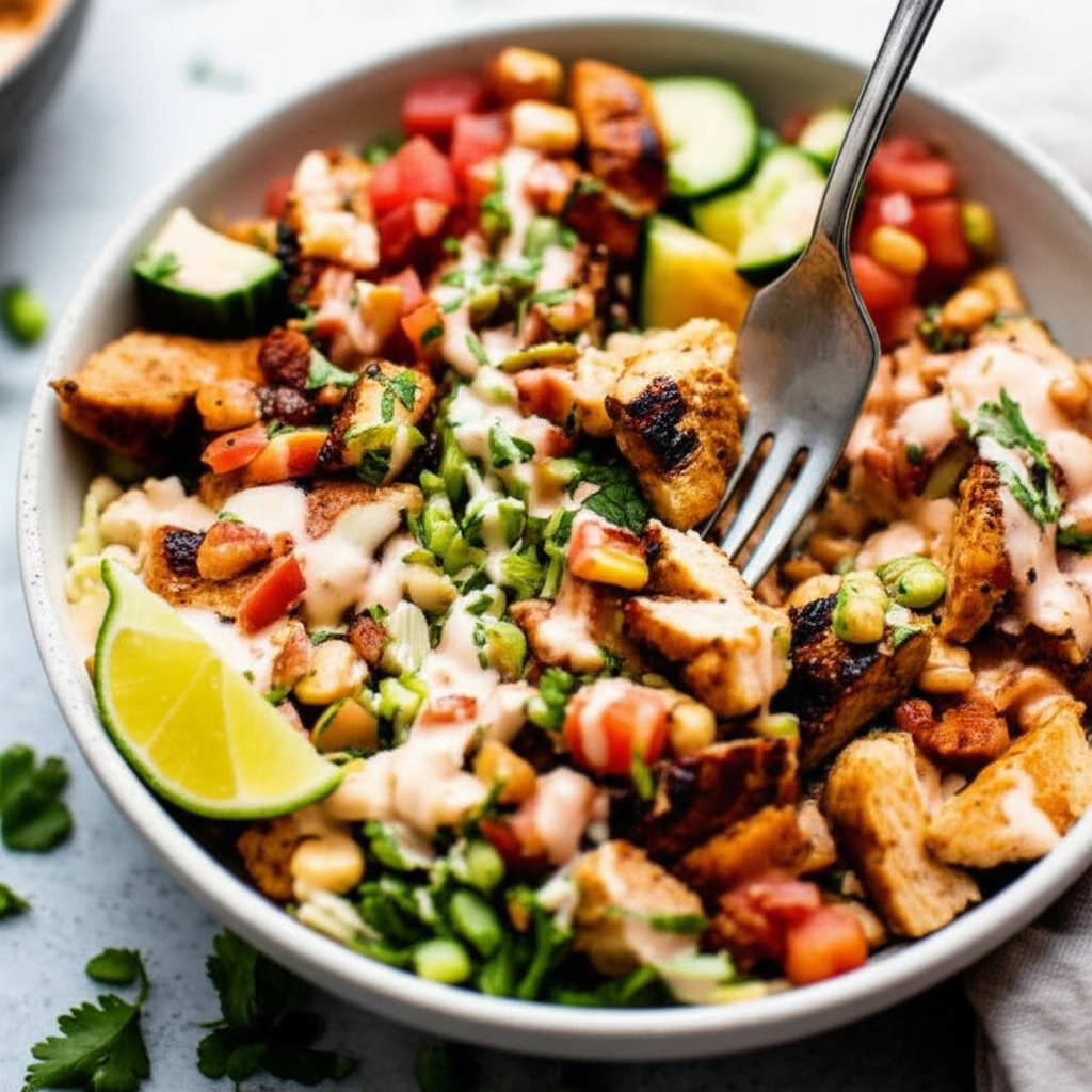 A close-up shot of a vibrant and appealing chicken shawarma bowl, brimming with ingredients, being eaten with a fork.  The focus should be on the textures and colors of the food, suggesting deliciousness and ease of eating.