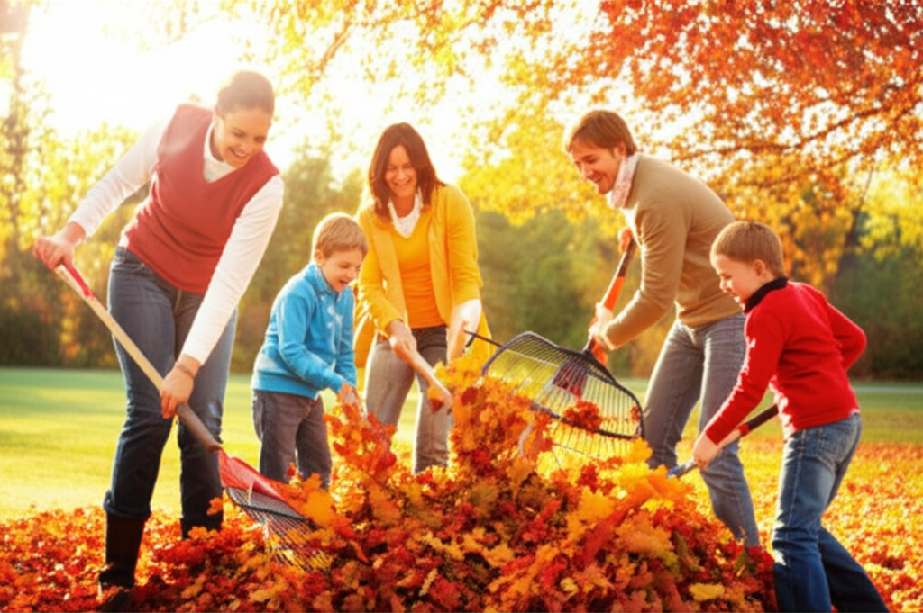 A family of five, bathed in the warm, golden light of a late afternoon autumn sun, are raking leaves together in a colorful backyard. The mother and father are smiling warmly at their children, who are laughing as they pile leaves into a large heap. The overall impression is one of joyful cooperation and familial love.