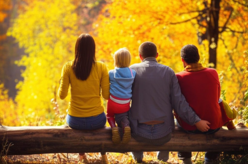 A family of four (mother, father, and two young children) sitting on a fallen log in a forest bathed in warm autumn sunlight. They are not looking at the camera, but rather gazing outwards at the surrounding autumn foliage. The family is dressed in modest, comfortable clothing suitable for outdoor activity.