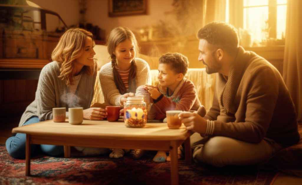 A family (parents and two children) sitting comfortably on a large rug in a warmly lit room, gathered around a low table with steaming cups. They are all looking at each other with soft smiles, and one child is gently holding a small, decorated gratitude jar. The autumn light streams in from a nearby window, casting a golden glow on their faces.