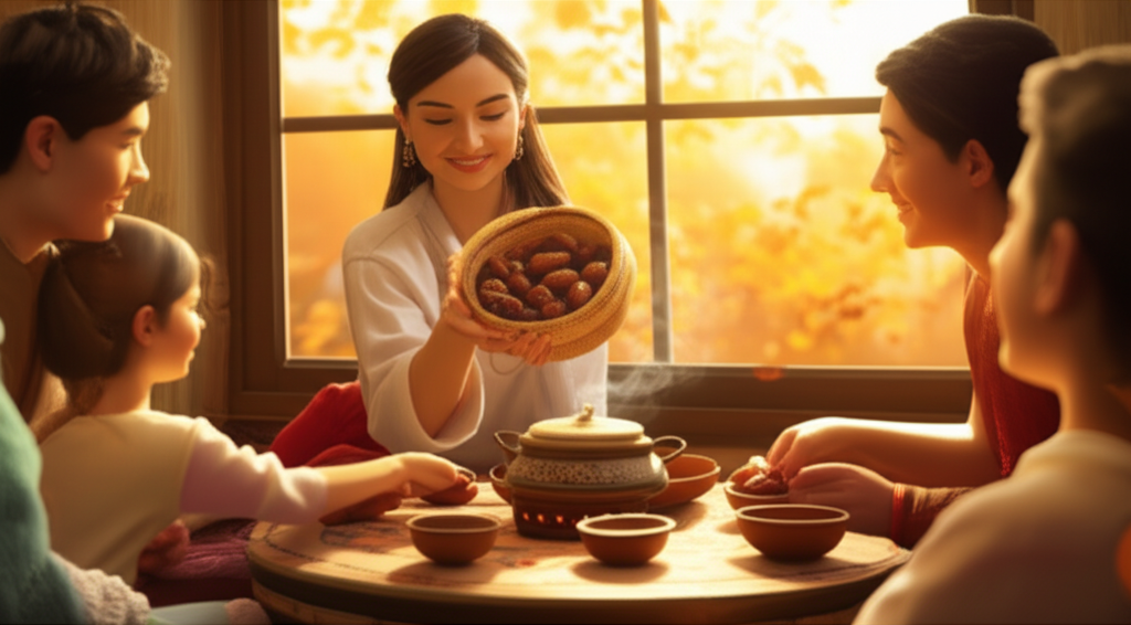 A family gathered around a low table in a cozy, sun-drenched room. The mother is pouring dates from a woven basket into small bowls for each family member. A steaming pot of spiced milk sits on a warmer in the center of the table. Golden autumn leaves are visible through the window, softly blurring in the background.