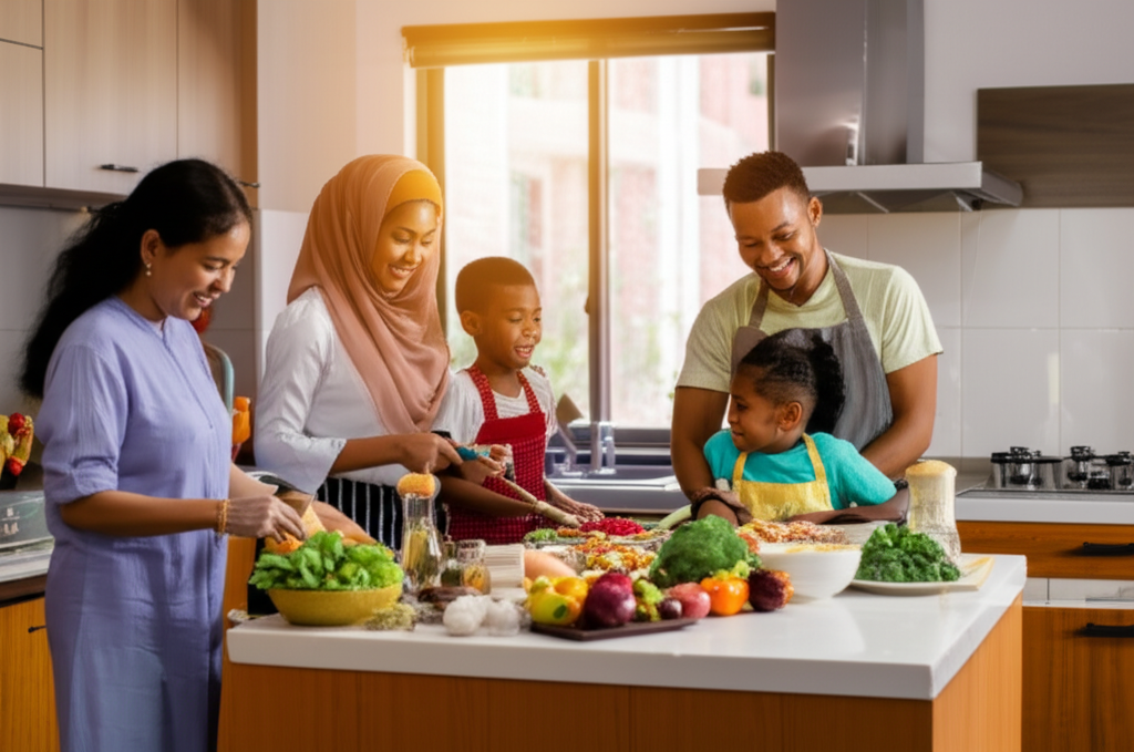 A family of four (mother, father, two young children) gathered around a kitchen island, all smiling and engaged in preparing a colourful meal together. The island is laden with fresh vegetables and ingredients commonly used in Halal cuisine. The lighting is warm and inviting, creating a sense of comfort and togetherness.