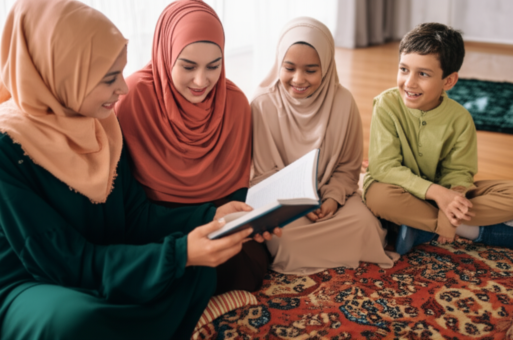 An autumn-toned photo showing a family (parents and two children, appearing Muslim based on modest clothing and, optionally, a prayer rug subtly visible in the background) sitting together on a cozy rug in their living room. One parent is holding a book and reading aloud, while the other parent and children are listening attentively with relaxed and happy expressions. The focus is on connection and shared experience, not necessarily strict religious observance.