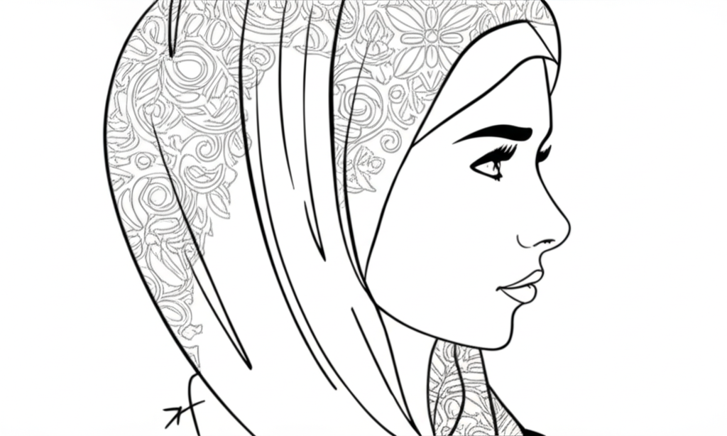 A woman's face, partially obscured by a beautifully draped hijab, seamlessly transitioning from a classical, timeless design to a more futuristic, minimalist silhouette. The two styles visually blend into each other, sharing the same elegant underlying structure and fabric texture, suggesting enduring beauty.