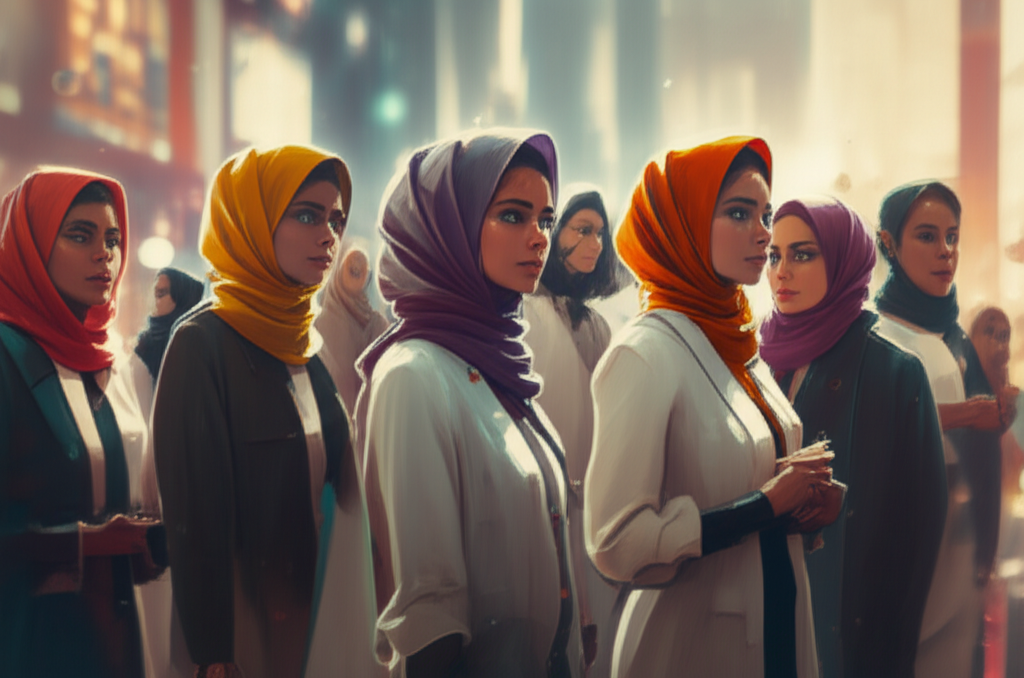 A diverse group of women, each wearing a different hijab style, standing confidently together. They are bathed in warm, golden sunlight, suggesting a sense of timelessness and enduring beauty. The background is blurred, hinting at a vibrant, futuristic city.