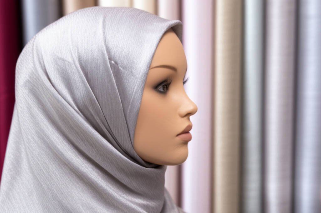 A softly lit studio shot featuring a mannequin draped elegantly in a hijab crafted from a shimmery, subtly textured silk or satin. The drape highlights the fabric's natural movement and luster, with a slightly blurred background suggesting similar fabrics in neutral, muted tones. The overall feeling is luxurious and timeless.