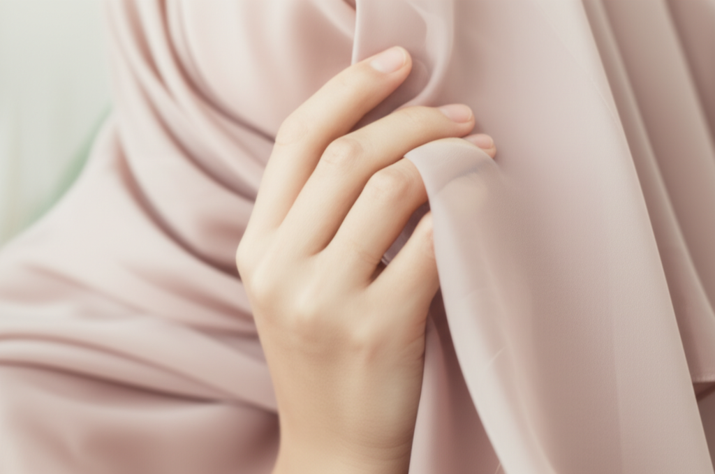 A close-up shot showcasing a woman's hands gracefully arranging the folds of a solid-colored, high-quality fabric (silk or chiffon) near her face, creating soft, elegant draping around her cheekbone and jawline. The background is blurred and clean, focusing the viewer's attention entirely on the fabric and the hand movements.