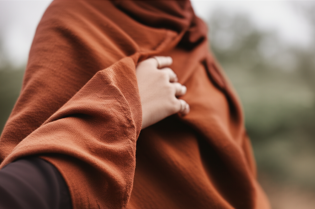 A close-up shot of a hand gently touching a piece of naturally dyed, textured fabric (like linen or hemp) in a warm, earthy tone. The fabric drapes softly and is partly in focus, partly blurred in the background, hinting at a hijab or shawl. The background is softly lit and natural.