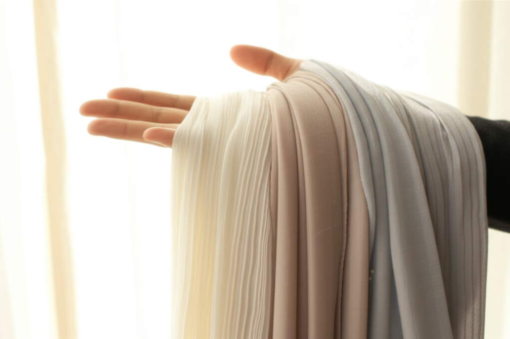 A close-up image showcasing a hand gently holding up a selection of hijab fabrics in neutral tones (ivory, taupe, soft gray) against a naturally lit background. The fabrics are draped slightly to show texture and subtle color variations.
