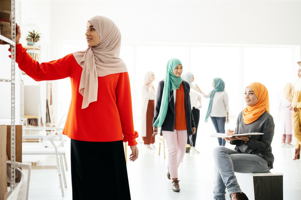 A diverse group of women, varying in age and ethnicity, are shown in a bright, naturally lit space. Each woman is wearing a hijab style highlighted in the article, but the focus is on their relaxed and confident posture and how the hijab drapes in a way that allows for ease of movement. One woman might be reaching for something on a shelf, another walking with purpose, and a third sitting comfortably with legs crossed, perhaps sketching in a notebook. The overall feeling is one of effortless style combined with practical freedom.