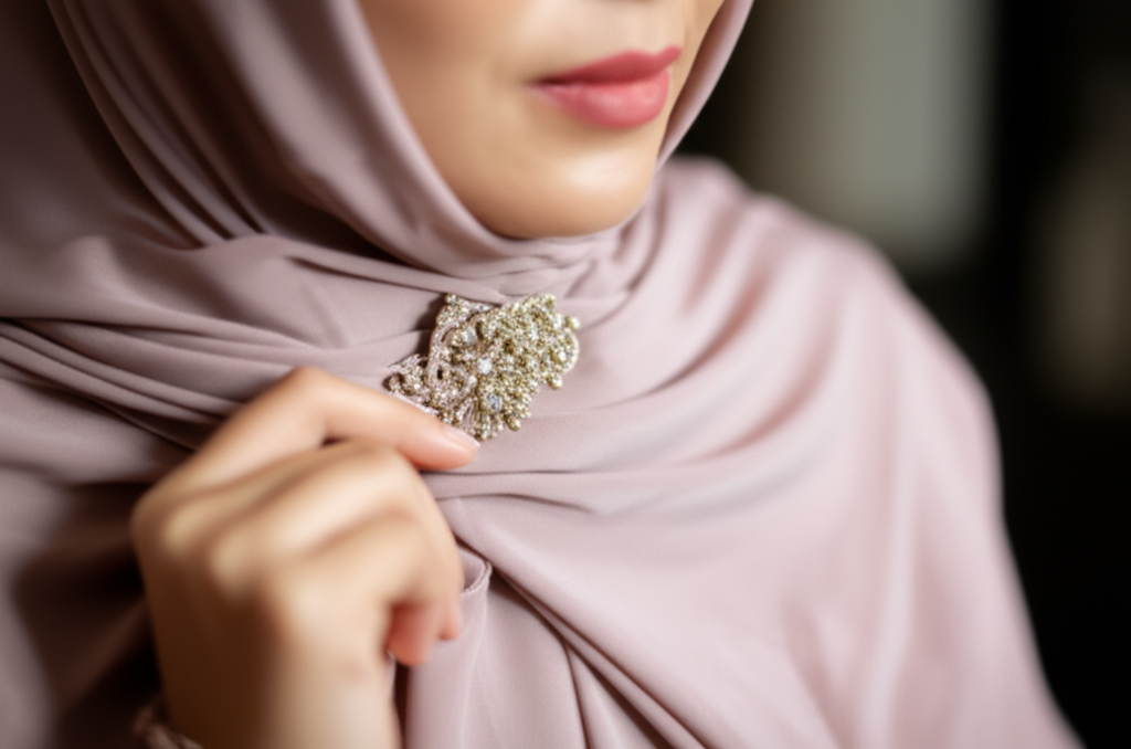 A close-up shot of a woman's hand gracefully adjusting a delicate, vintage-looking brooch onto a simply styled, high-quality silk hijab. Focus on the texture of the fabric and the intricate details of the brooch. The background should be soft and slightly blurred, suggesting an elegant and understated setting.