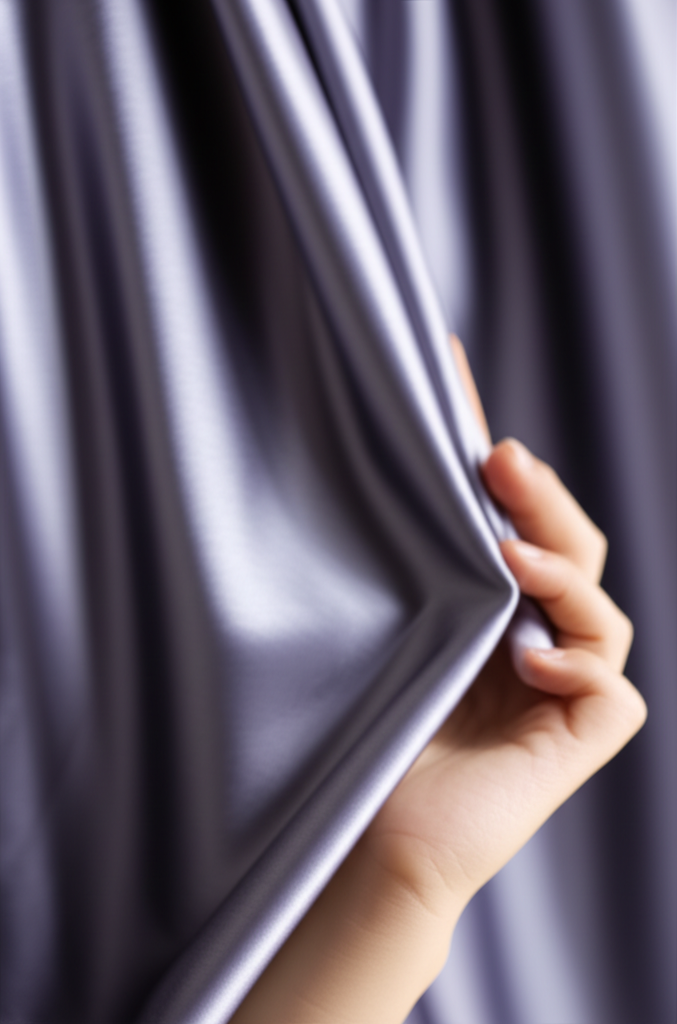 A close-up shot of a hand gently touching the luxurious texture of a high-quality silk hijab. The fabric has a subtle, elegant sheen and drapes softly, hinting at its enduring quality and timeless appeal. The background is blurred, emphasizing the tactile and visual richness of the hijab itself.