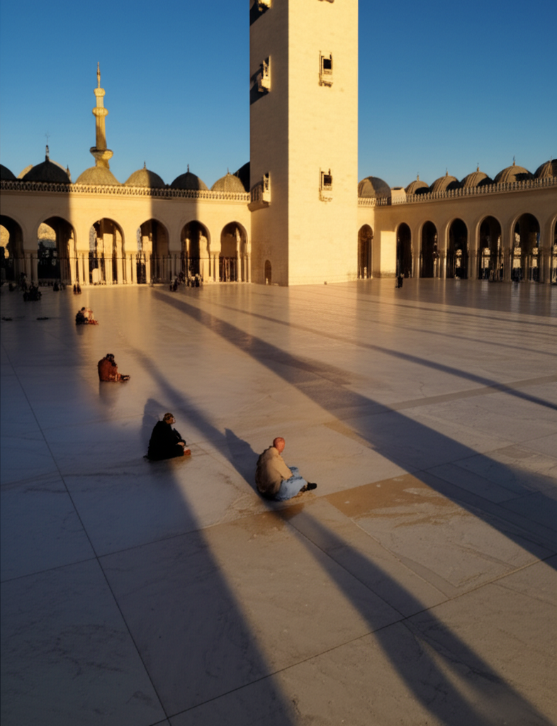 An expansive view of a grand mosque's courtyard at sunset. Light from the setting sun touches only the top part of a minaret, casting long dramatic shadows from pillars and arches. Some shadows fall on people quietly sitting and observing the scene.