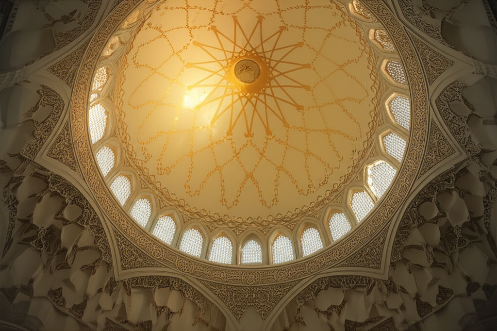 A wide-angle shot looking upwards at the apex of a mosque dome, where the golden sunlight of late afternoon is hitting and scattering in a soft, diffused glow, highlighting the delicate geometric patterns and creating a sense of peace and transcendence.