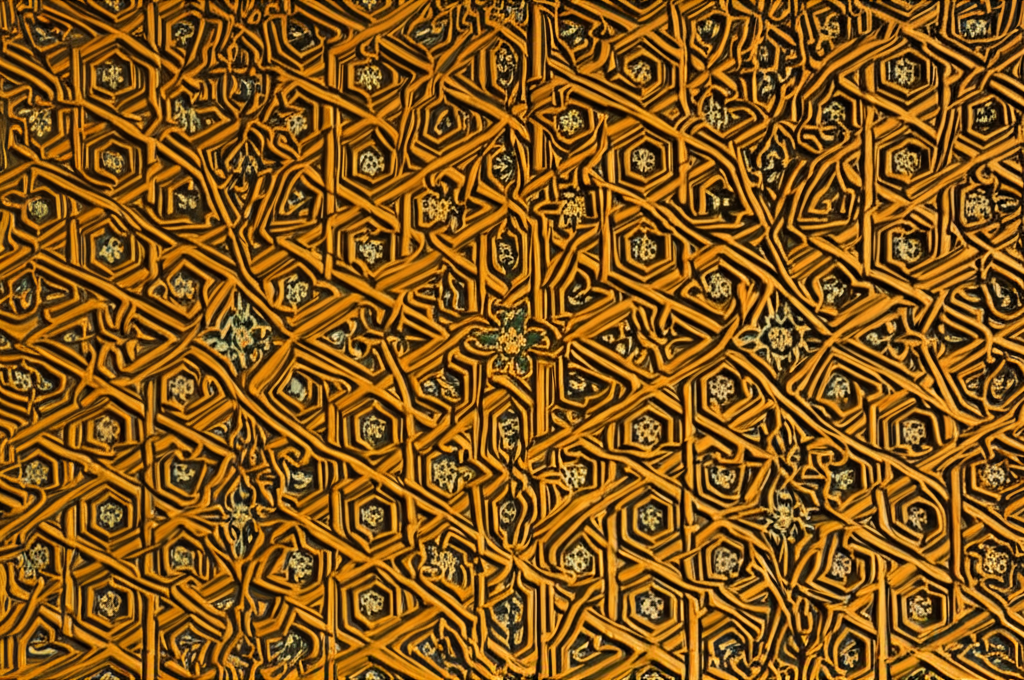 A close-up shot focusing on a section of intricate Islamic geometric tilework bathed in warm, golden sunlight. The sun's rays should highlight the depth and texture of the tiles, with subtle shadows creating visual interest. The overall feeling is one of serenity and focused attention to detail.