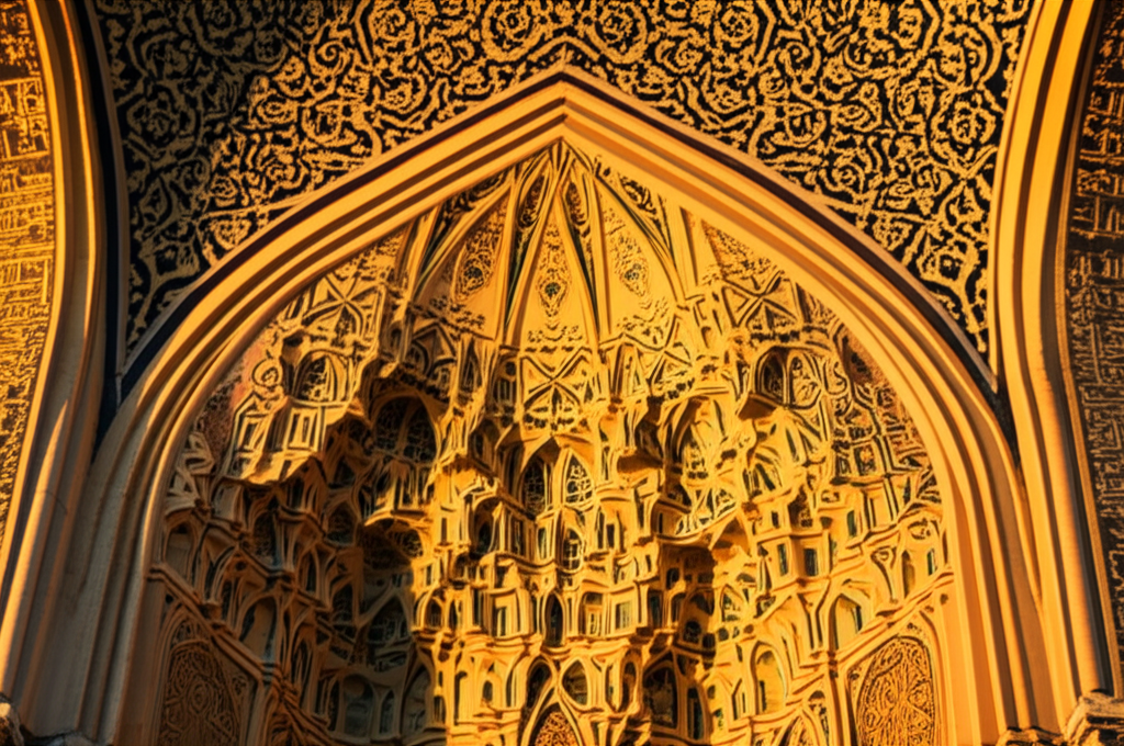 A close-up shot of a section of ornate Islamic tilework, where the warm, golden light of the setting sun is creating deep shadows and highlighting the textures and subtle color variations within the tile's pattern.