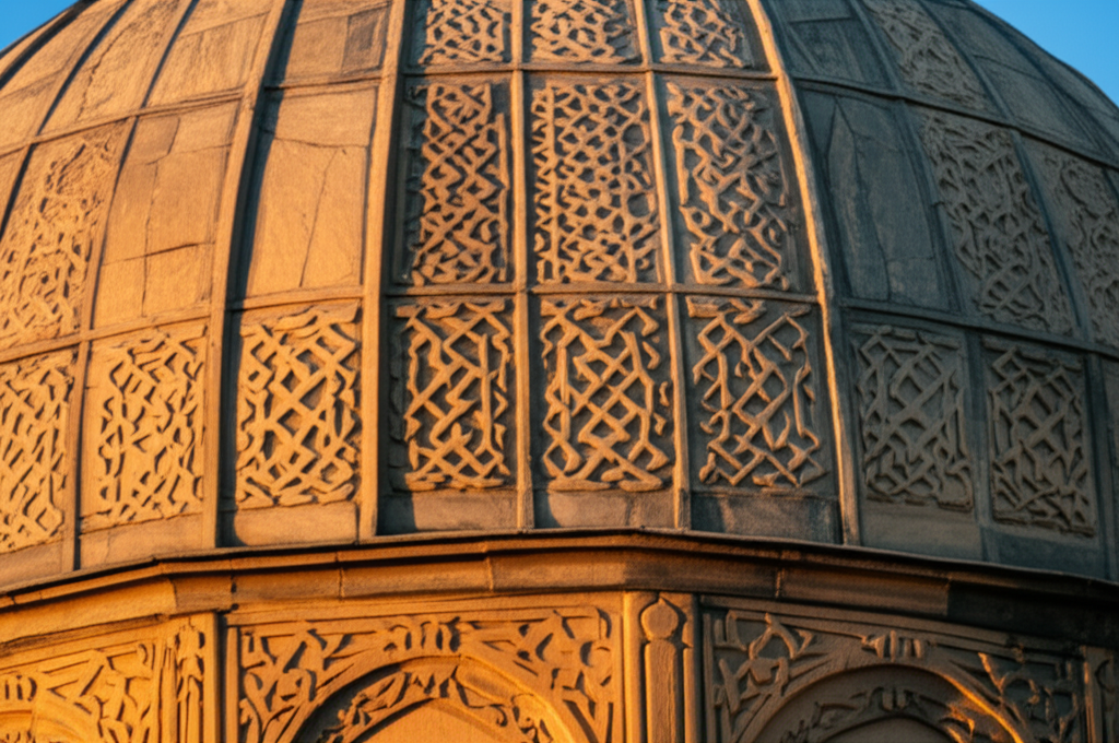 The image should be a close-up photograph capturing a small section of a dome in an Islamic mosque. The late afternoon sun should be raking across the surface, highlighting the complex geometric patterns carved into the stone or stucco. The contrast between the sunlit areas and the shadows should be strong, emphasizing the depth and three-dimensionality of the design. The overall tone should be warm and golden.