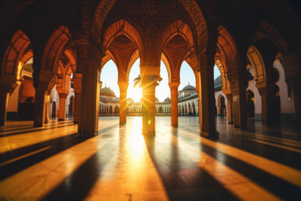 An image capturing the interior courtyard of a mosque during golden hour. The focus is on the play of light and shadow on the intricate geometric patterns of the architectural details, such as the arches, columns, and tilework. A shallow depth of field could blur the background slightly, drawing attention to the interplay of light and shadow.