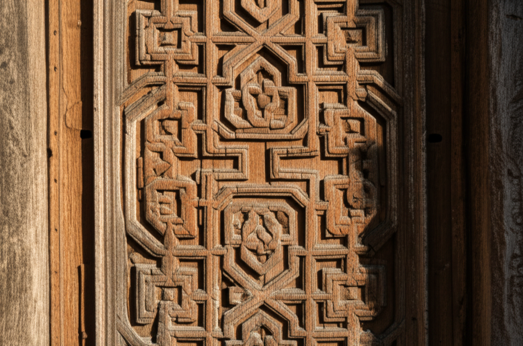 A close-up shot of a complex geometric pattern on a carved wooden door panel illuminated by the soft, diffused light of late afternoon sun, with the surrounding wood aged and textured.