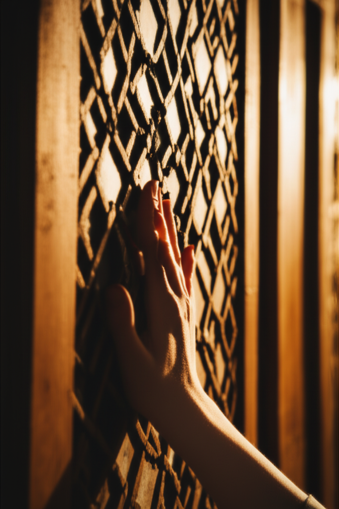 A close-up of a hand gently running its fingers across an intricately carved wooden window screen (Mashrabiya) of a mosque, bathed in the warm, diffused light of the setting sun. The focus is sharp on the textures of the wood and the play of light and shadow, while the rest of the window is softly blurred.