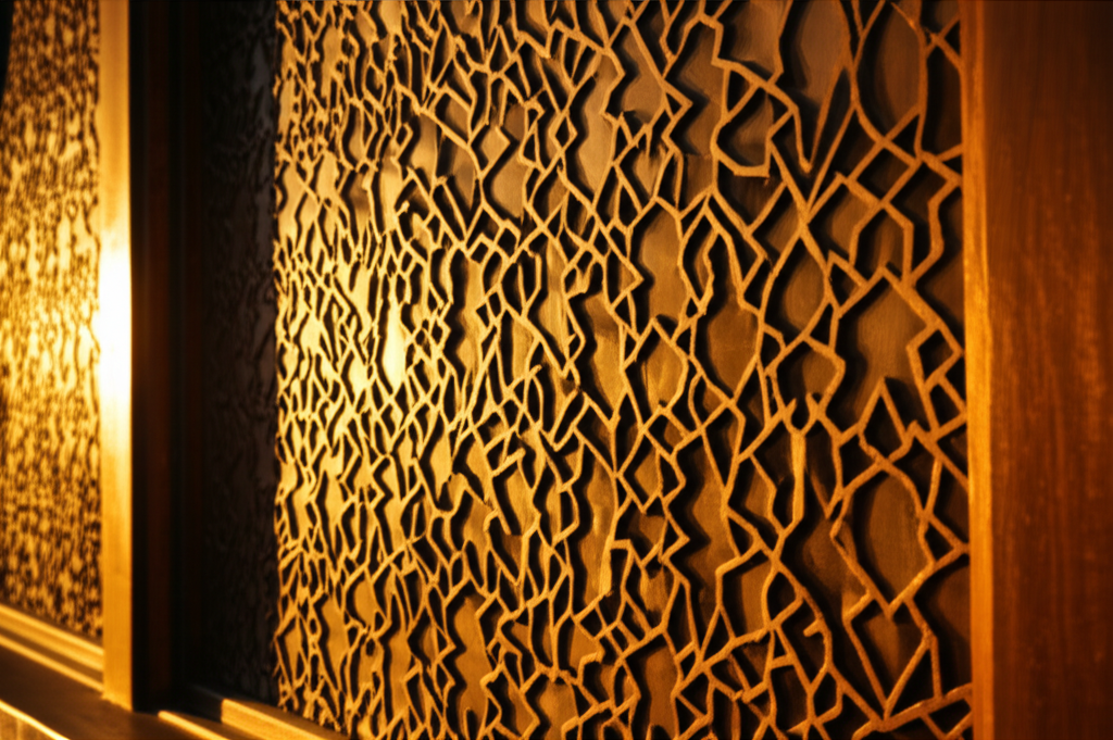 A close-up shot showcasing the intricate geometric patterns of an Islamic architectural detail (like a window screen or a section of tilework) bathed in the warm, diffused golden light of a late summer sunset.