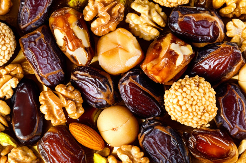 A close-up, overhead shot featuring a visually appealing arrangement of date and nut desserts. The desserts, varying in shape and size, should look richly textured and indulgent. Ingredients like dates, nuts (walnuts, almonds, pistachios), and perhaps a drizzle of honey or melted chocolate should be clearly visible. The overall color palette should be warm and inviting, with golden brown, earthy tones, and subtle highlights. A soft, diffused light illuminates the desserts, emphasizing their details and creating a sense of richness and delicacy.