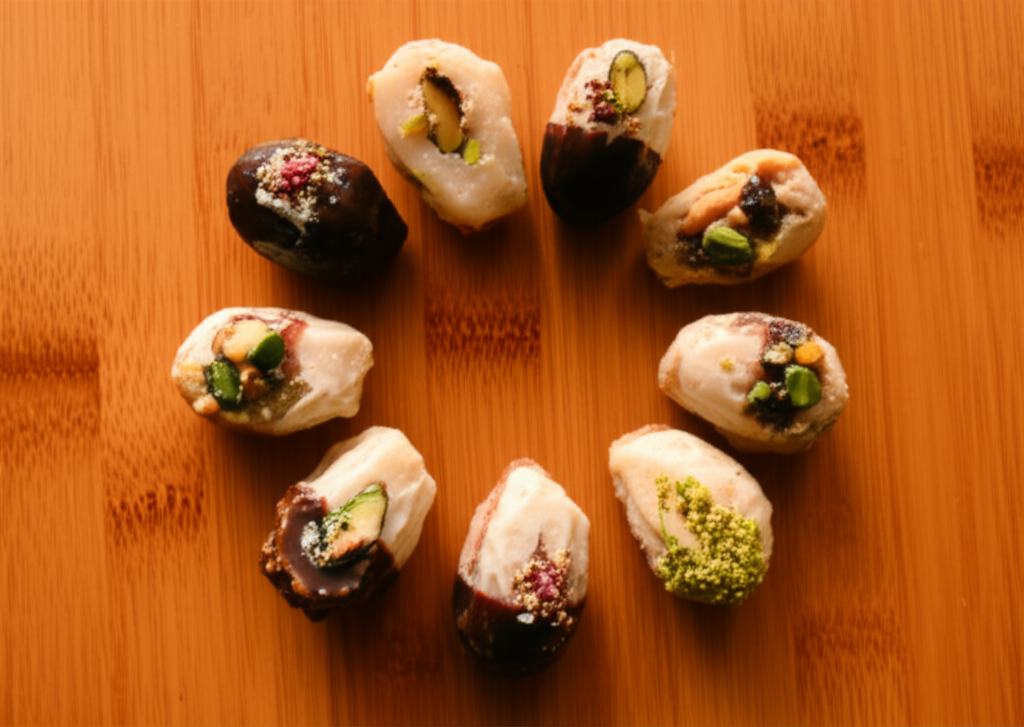 A close-up, overhead shot of eight individual, beautifully decorated date and nut desserts arranged in a circular pattern on a polished wooden surface. Each dessert should be visually distinct but cohesive in style, showcasing variations in ingredients and presentation (e.g., one with rose petals, another with pistachios, another dipped in chocolate). The lighting should be warm and inviting, highlighting the textures and colors of the desserts.