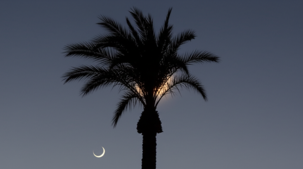 A crescent moon hangs low in a twilight sky, partially obscured by the silhouette of a single, elegant date palm tree. Warm light softly emanates from behind the palm, suggesting a festive gathering or a lit home.