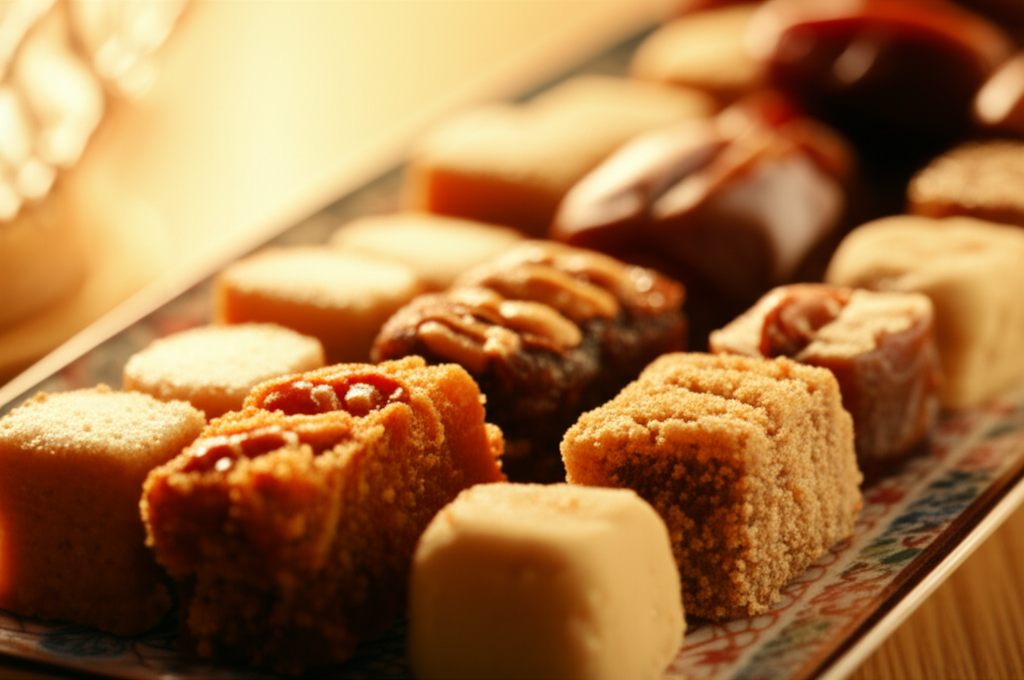 A close-up shot of a variety of beautifully arranged date and nut desserts on a decorative plate. The desserts should have a warm, inviting color palette and textures that emphasize their richness and indulgence. A soft, diffused light should create a sense of warmth and celebration.