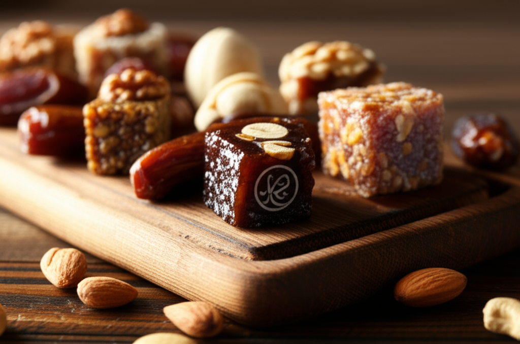 A warmly lit, inviting close-up shot showcasing a beautifully arranged selection of date and nut desserts on a rustic wooden board. The desserts are visibly halal-certified (if there's a subtle halal symbol visible, that's okay, but not the focus). Soft, diffused light highlights the textures of the dates, nuts, and any accompanying ingredients like honey or a light dusting of cocoa powder. The overall feeling should be one of abundance, natural goodness, and a sense of cultural richness.