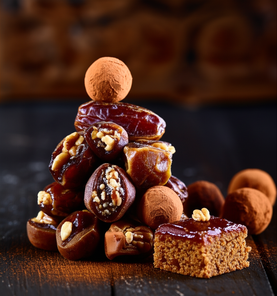 A dramatically lit close-up shot focusing on a visually stunning arrangement of dates and nut desserts. Think a small tower or artful scattering of items like stuffed dates (some sliced to reveal the filling), date-nut truffles dusted with cocoa, and perhaps a small square of date-nut cake with a glistening glaze. The backdrop is softly blurred, perhaps hints of rich, dark wood or a luxurious textured fabric. Emphasis is on highlighting the textures (sticky dates, crunchy nuts, smooth glaze) and the colors (deep browns, golds, and subtle hints of lighter creams or whites from the fillings). The image should evoke a sense of richness, indulgence, and visual appeal.