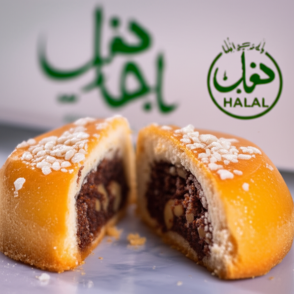 A close-up shot of a beautifully decorated, glistening date and nut dessert, perhaps a Ma'amoul or similar treat, cut in half to reveal the filling. Beside it, slightly out of focus in the background, is a clearly visible Halal certification symbol (like a sticker or stamp) on the corner of a box or wrapper.