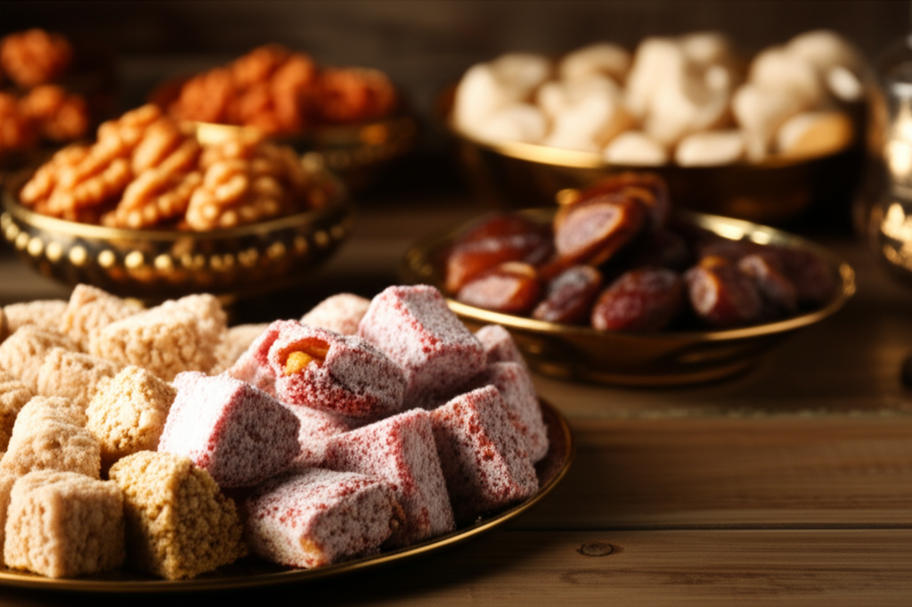 A warmly lit table setting featuring an assortment of elegantly arranged date and nut desserts. Focus is on highlighting the textures and colors of the desserts. Soft, diffused lighting suggests a cozy, celebratory atmosphere.