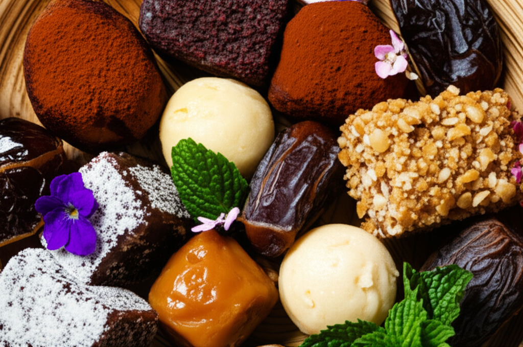 A close-up overhead shot of a beautifully arranged platter featuring an assortment of date and nut desserts. These desserts are arranged artfully, showing off their different textures and colors. There are visible details like a dusting of cocoa powder, the shiny glaze on a caramel dessert, and the rough texture of chopped nuts. The platter itself is made of natural, sustainable material like wood or stone, and a few sprigs of fresh mint or edible flowers subtly garnish the desserts. The overall lighting is soft and warm.