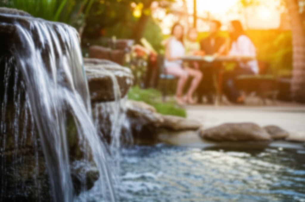 A slightly blurred, low-angle shot focusing on a gentle waterfall cascading over natural rocks in the backyard oasis. In the background, bathed in the warm glow of late afternoon sunlight, a diverse family is indistinctly gathered around a table, suggesting laughter and connection without being overly specific or intrusive. The overall tone should be serene and inviting.