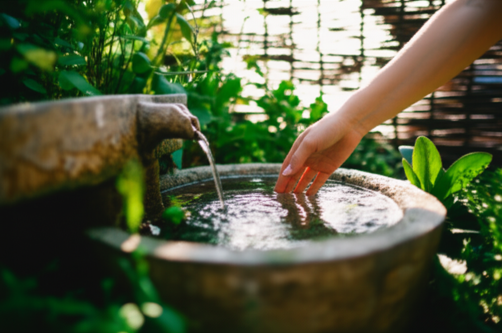 A sun-drenched, slightly blurred shot focusing on a hand gently trailing in the clear water of a small, handcrafted stone fountain. The fountain is partially obscured by lush, green plants and foliage, suggesting a sense of serenity and a DIY project blending into a natural backyard setting. The background hints at a modest, woven privacy screen providing a soft, filtered light.