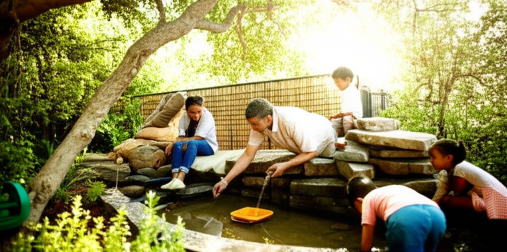 An image showing a family (mother, father, two children of different ages) enjoying a shaded, verdant backyard. The father is tending to a small, DIY fountain built from natural stones, the mother is watching while seated on a comfortable outdoor cushion near a low privacy screen made of woven bamboo. One child is playing with a toy boat in a shallow, clean water feature, and the other is exploring a small herb garden nearby. The overall feel is peaceful, modest, and nature-focused. Sunlight filters through the trees, creating dappled lighting on the scene.