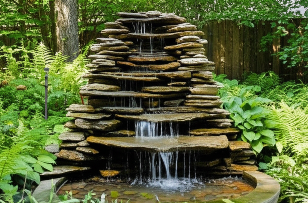 A slightly elevated, medium-shot showcasing a small, tiered fountain built from stacked river rocks. Water gently cascades down each tier into a shallow, stone basin. The surrounding area is lush and green with plants like ferns and hostas. Behind the fountain, a simple, wooden privacy screen, partially obscured by foliage, suggests the edge of a secluded garden space. Sunlight filters softly through the trees, creating dappled light on the water and surrounding plants.