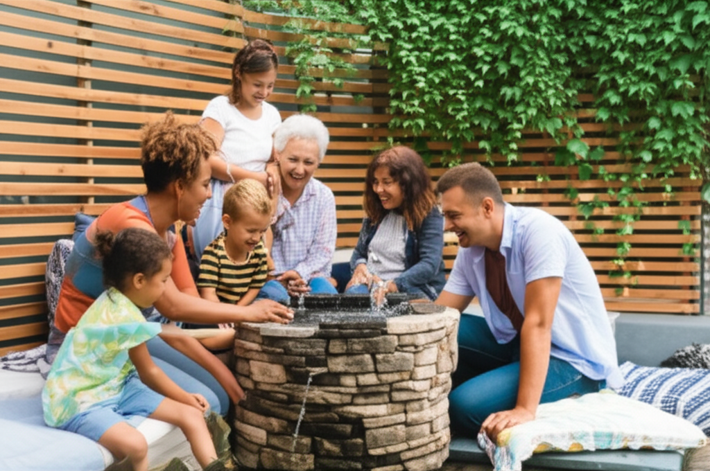 A photograph of a diverse family (grandmother, parents, children of varying ages) laughing and interacting around a small, bubbling fountain constructed from stacked stone. The scene is partially shaded by a simple wooden privacy screen adorned with climbing vines, creating a sense of enclosure and intimacy. Scattered cushions and blankets invite relaxation.