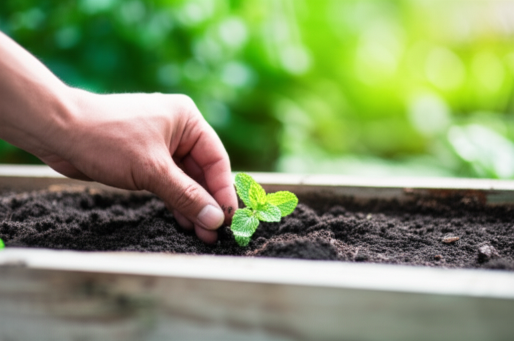 The image should show a close-up of a hand gently placing a seedling (e.g., mint or basil) into fertile soil in a raised garden bed. The background is softly blurred, suggesting a lush, green garden setting. The hand should be clean and well-maintained, subtly implying care and respect for the plant.