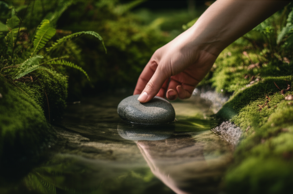 A close-up shot of a hand gently placing a smooth, grey river stone into a small, shallow pool of water, with partially visible green plants (ferns and mosses) surrounding the pool. The light should be dappled, suggesting a shady area.