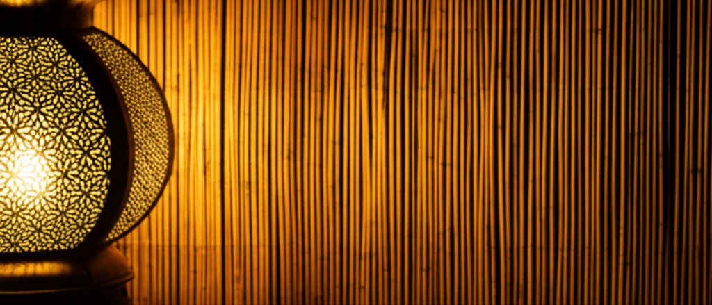 A warmly lit, close-up shot of a partially visible, intricately patterned Moroccan lantern casting soft, geometric shadows onto a textured, light-colored privacy screen made of interwoven natural materials like bamboo or reeds. The lantern's light should subtly highlight the texture of both the lantern itself and the privacy screen, creating a sense of warmth and privacy.