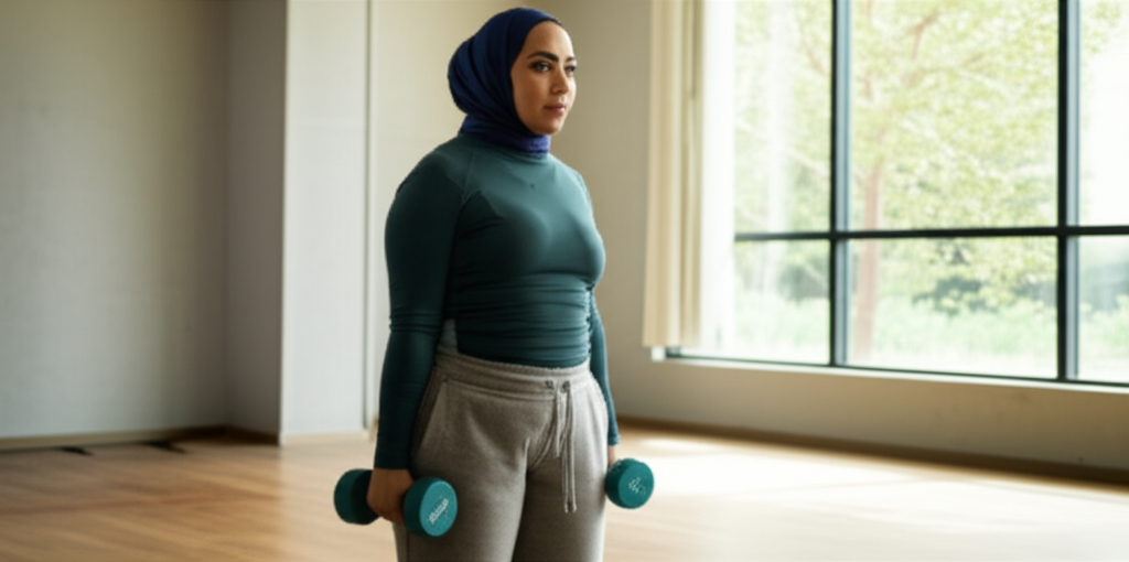 An athlete, clearly fit but wearing modest activewear (long sleeves, loose-fitting pants, hijab), doing a light weightlifting exercise in a sunlit gym with soft, calming colors and greenery. The focus is on her strength and serenity, not on revealing her physique.